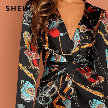 Multicolor Waist Knot Chain Print V-Neck Jumpsuit Going Out Elegant Office Lady Long Sleeve